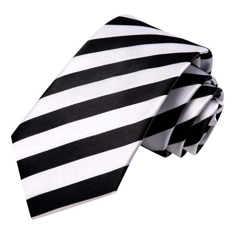 Hi-Tie Silk Ties for Men Plaid Paisley Striped Necktie Pocket Square Cufflinks Set Formal Business,Black White Striped - Image 4